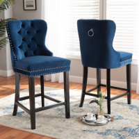 Baxton Studio WS-F458-26BT-Navy Blue Velvet/Espresso-CS Howell Modern Transitional Navy Blue Velvet Upholstered and Dark Brown Finished Wood 2-Piece Counter Stool Set